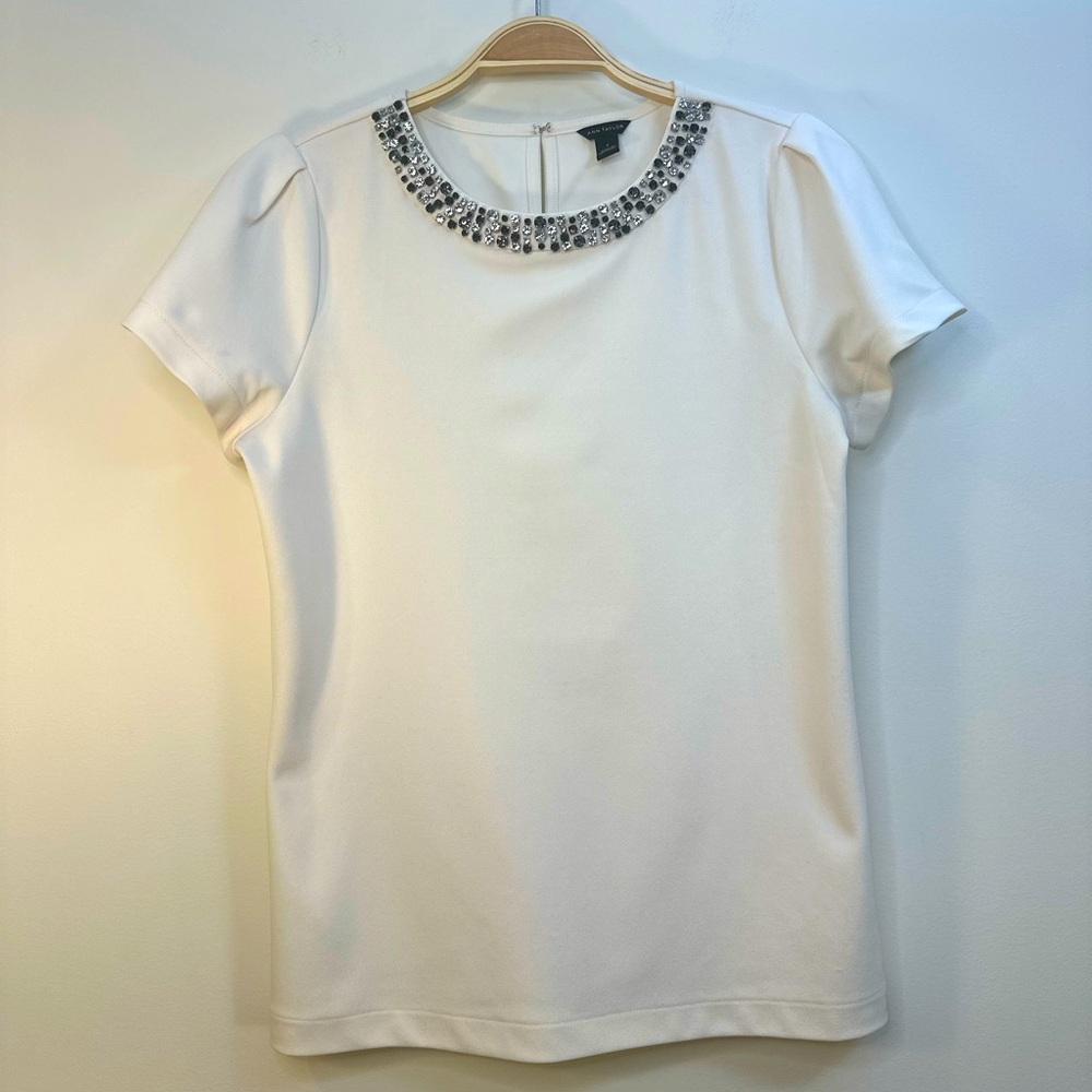 Vintage Ann Taylor Rhinestone Neck Puff Short Sleeve White Top Blouse Sz S